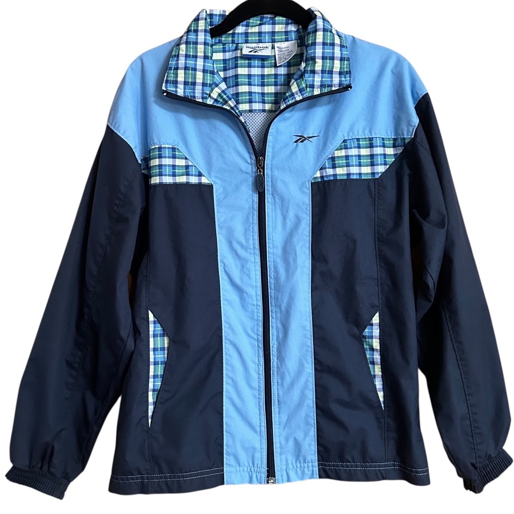 Reebok Windbreaker Jacket Womens S Blue Excellent Plaid Colorblock Full Zip